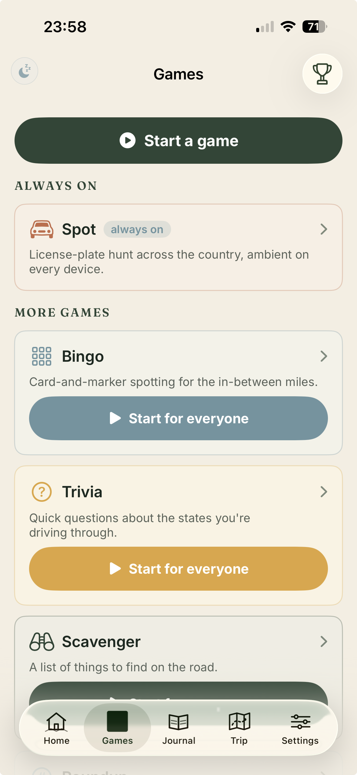 Switchback app - the games list